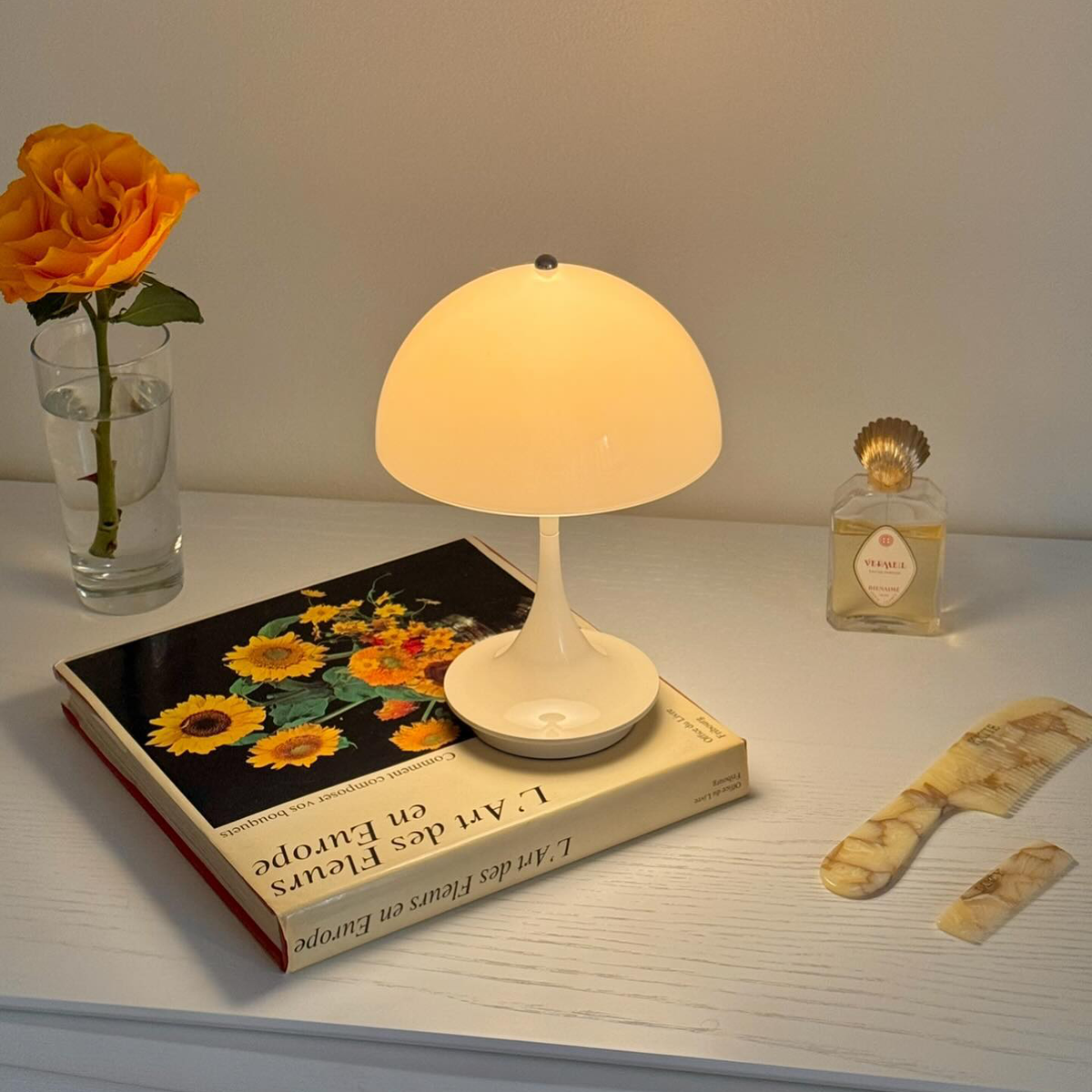 A Brilliant White Estada Portable Lamp glowing warmly on a stack of books beside an orange rose
