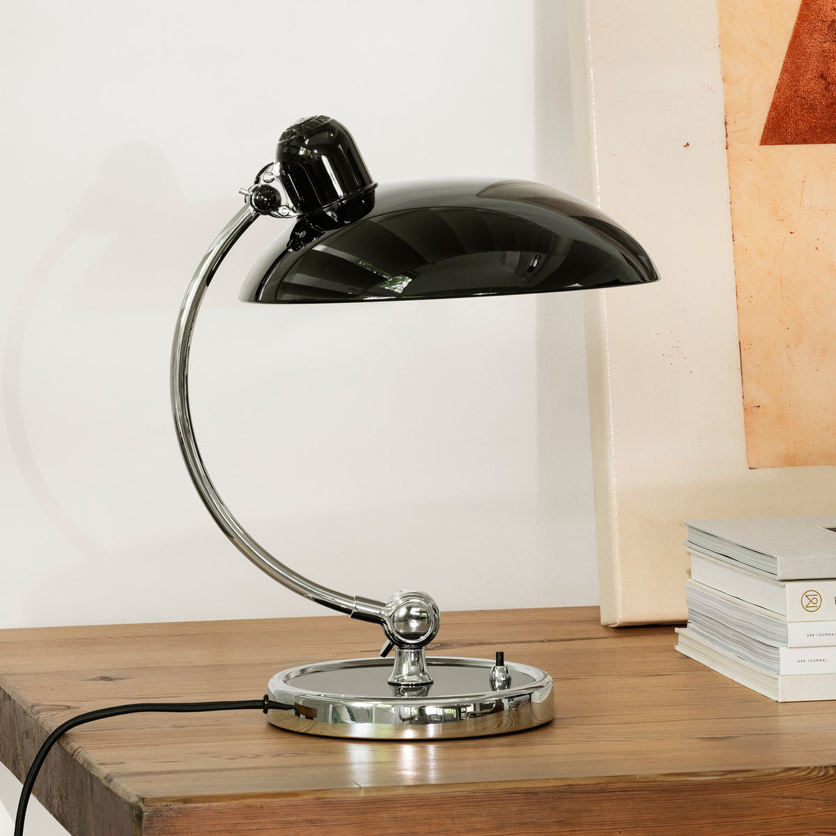 Birken Table Lamp in Black - On a Wooden Desk