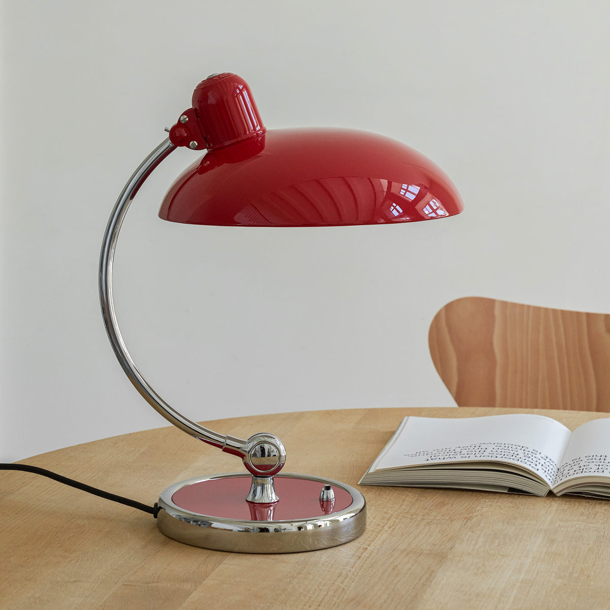 Birken Table Lamp in Red - On a Wooden Table, Side View