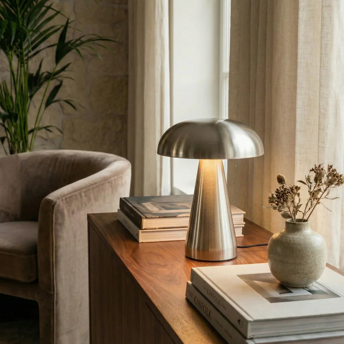 Modern metallic mushroom table lamp on wooden side table with books and vase, cozy home decor