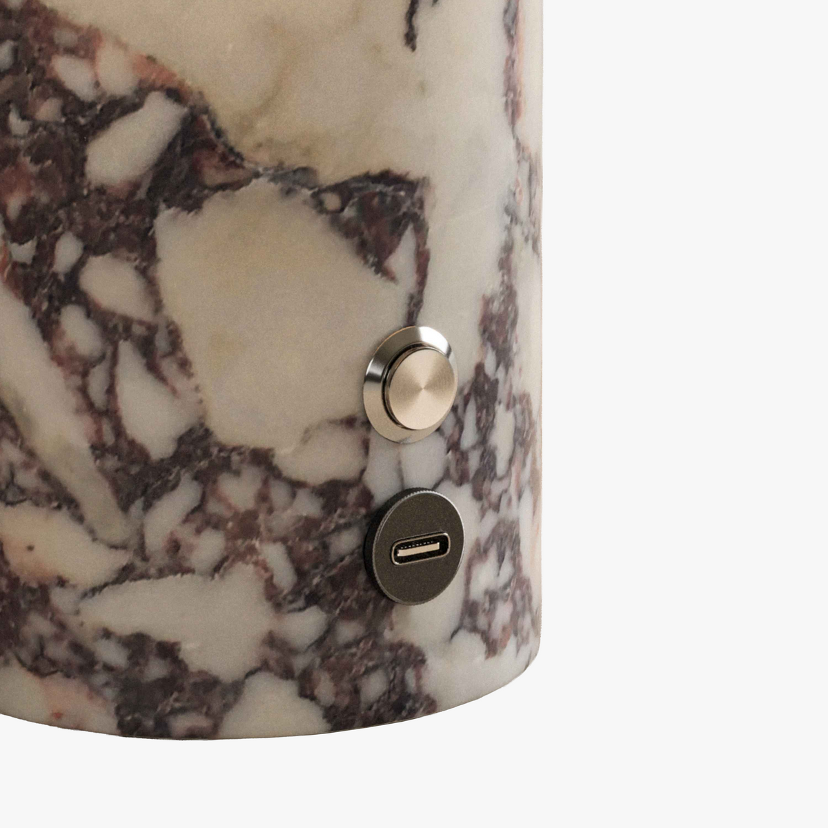 Cream Burgundy Marble base of the Olbia Portable Lamp with metal push button and USB-C charging port