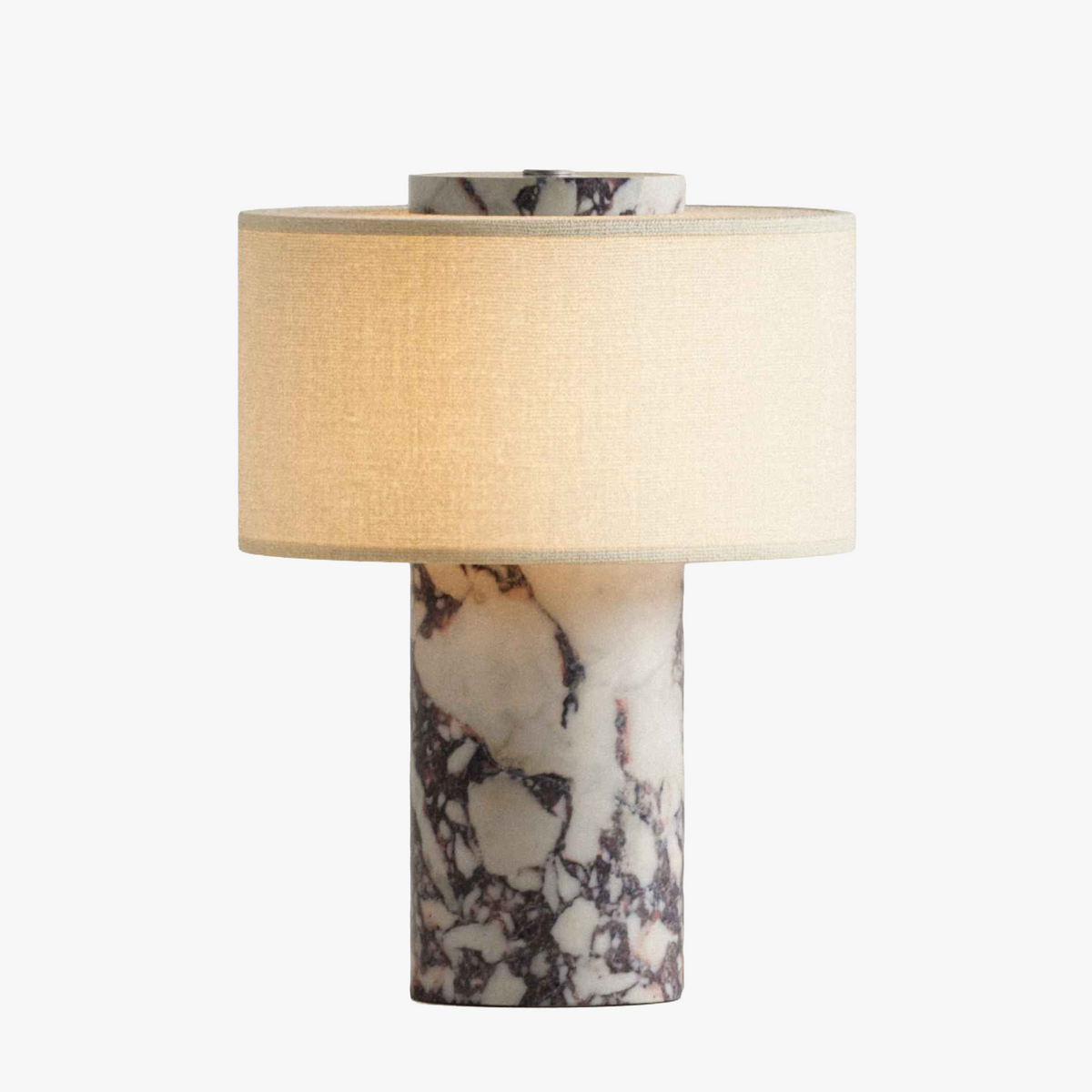 Olbia Portable Lamp in Cream Burgundy Marble, a cordless marble table lamp with a fabric drum shade, light on, front view