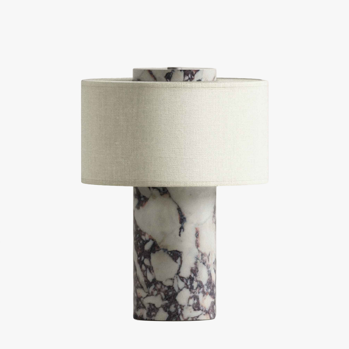 Olbia Portable Lamp in Cream Burgundy Marble with fabric drum shade, light off, front view