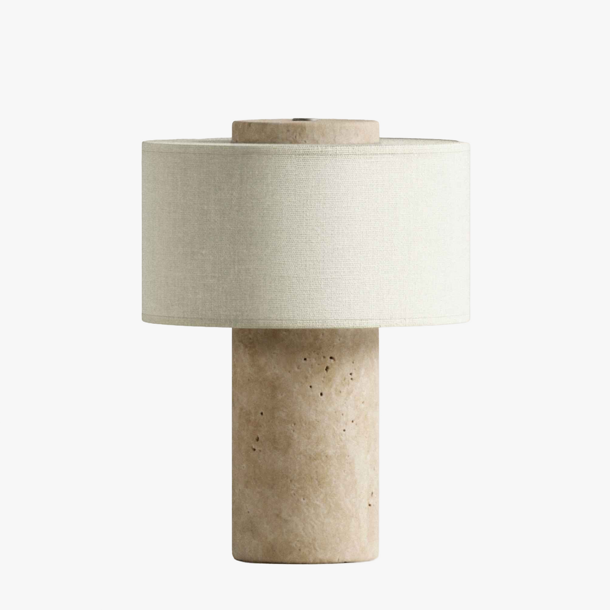 Olbia Portable Lamp in Travertine Stone with fabric drum shade, light off, front view