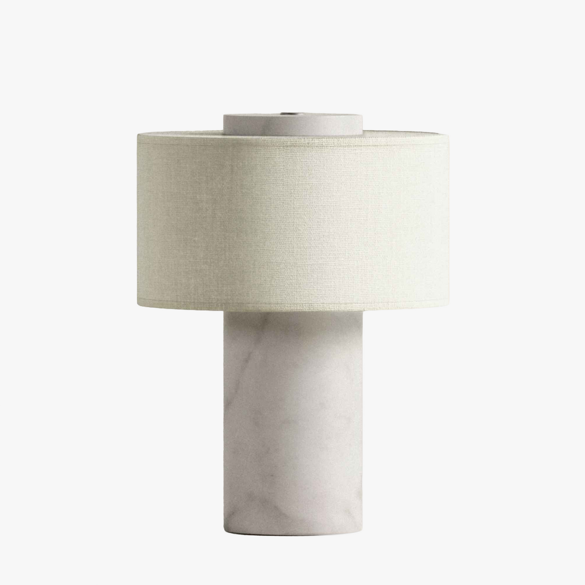 Olbia Portable Lamp in White Marble with fabric drum shade, light off, front view