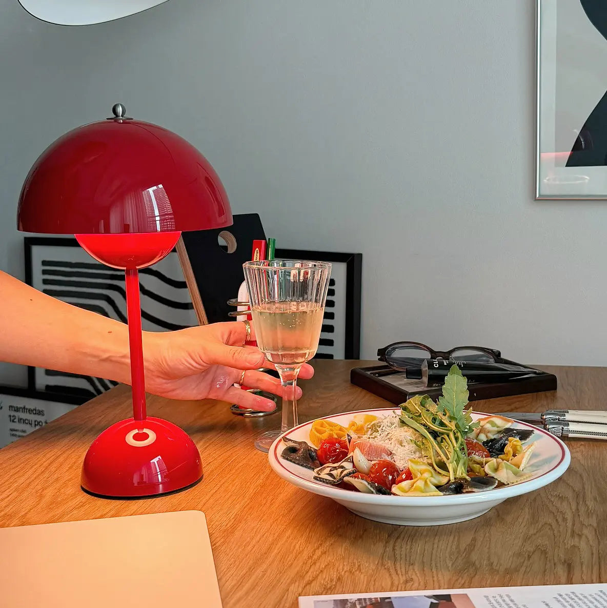 Red Tapa Portable Lamp on dining table